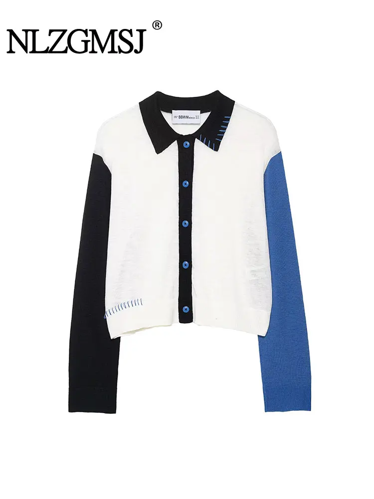 

NLZGMSJ Chic Women Contrasting Cardigans Patchwork Single Breasted Long Sleeve Knitted Fashion 2025 Autumn Sweaters
