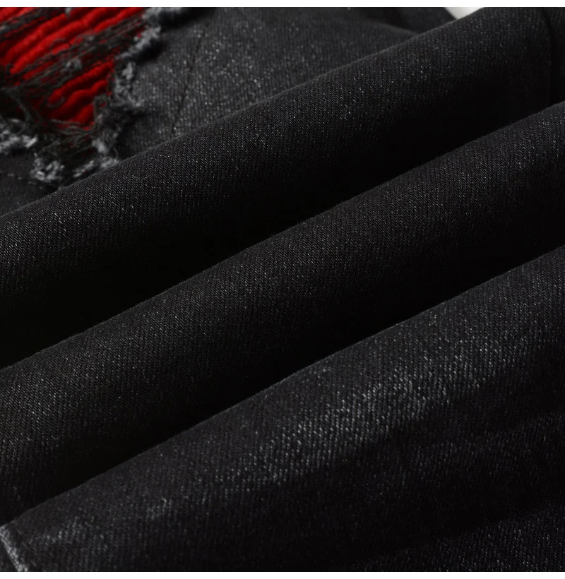Herren Rote Rissige Plissierte Patchwork-Biker-Jeans Streetwear Stretch-Denim-Hose Skinny Tapered Schwarze Hose – Detail 12