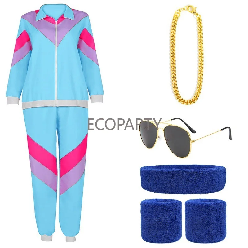 Women 80s Tracksuit Retro Outfit for Women Men Disco Costume Accessories Set Rave Hoodie Colorblock Windbreaker Set