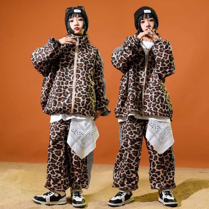 Abbigliamento hip-hop per bambini, giacca con stampa leopardata, top, pantaloni cargo tattici tascabili casual per abiti da ballo jazz per ragazza e ragazzo