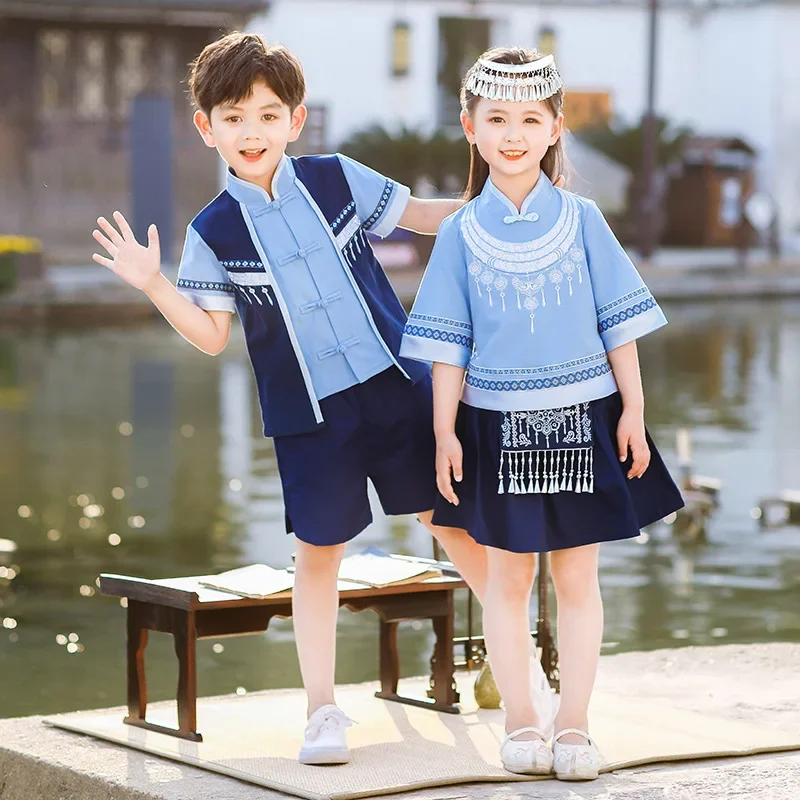 

Чжуан этническая одежда для детей, женские Guangxi для мальчиков и девочек, одежда этнических меньшинств для детей, классная одежда для детей