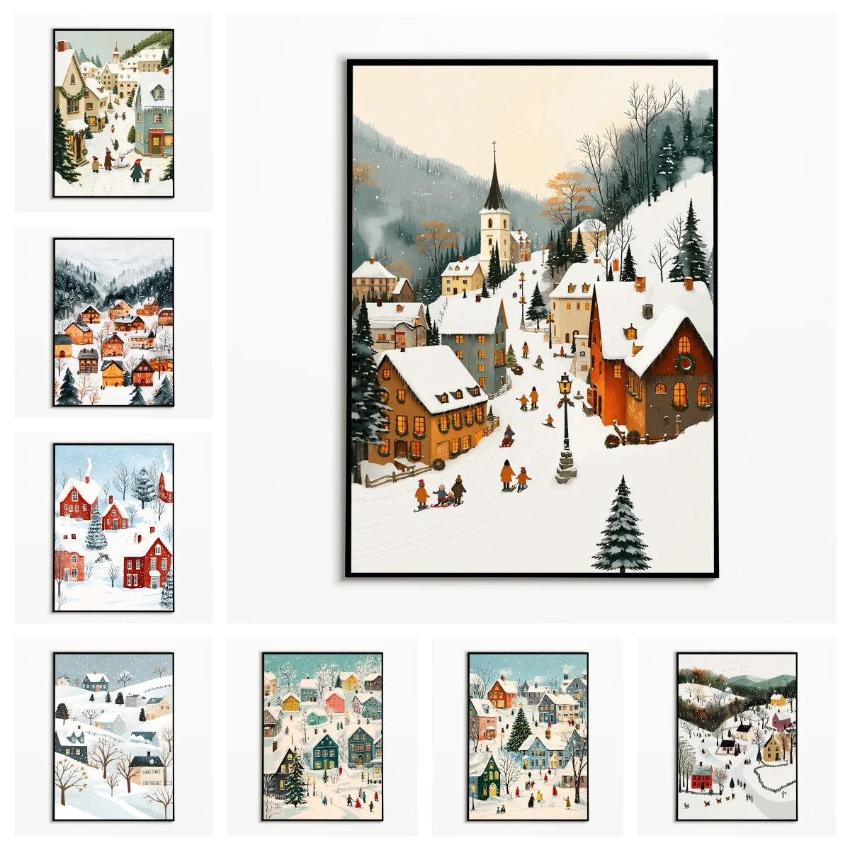 1pc frameless,1PC Nordic Winter Town Poster Village Snow Scene Wall Art Christmas Cartoon Canvas Printing Festival Gift  Room Wa