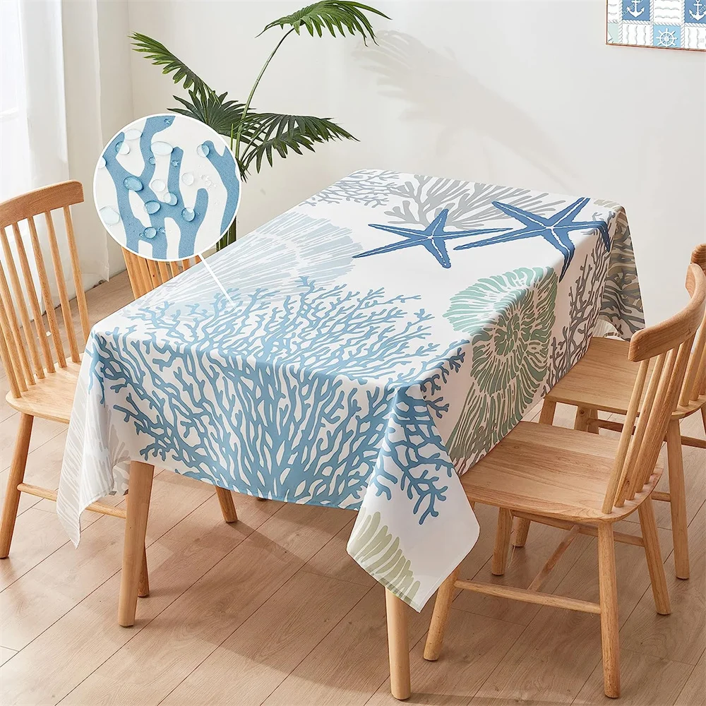 Starfish coral tablecloth Fresh sea life Blue tablecloth Waterproof decoration for family daily banquet table