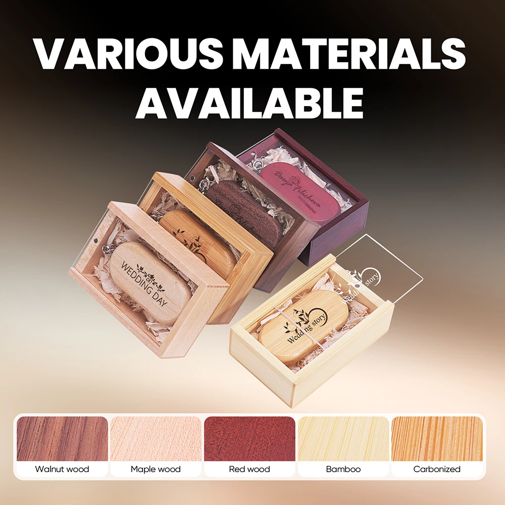사진 스튜디오 나무 USB 플래시 드라이브 푸시 풀 박스 및 메모리 스틱, 무료 맞춤형 로고 펜 드라이브, 결혼 선물, 128GB, 64GB, 32GB