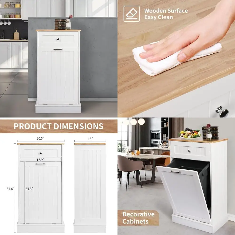 

10-галлонный деревянный отдельно стоящий сортировщик белья с наклонным мусорным баком и перерабатываемым шкафом для хранения