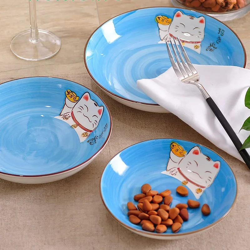 Multi-size Japanese Creative Multi-color Cartoon Lucky Cat Round Ceramic Plate Kitchen Home Handmade Cartoon Dining Plate