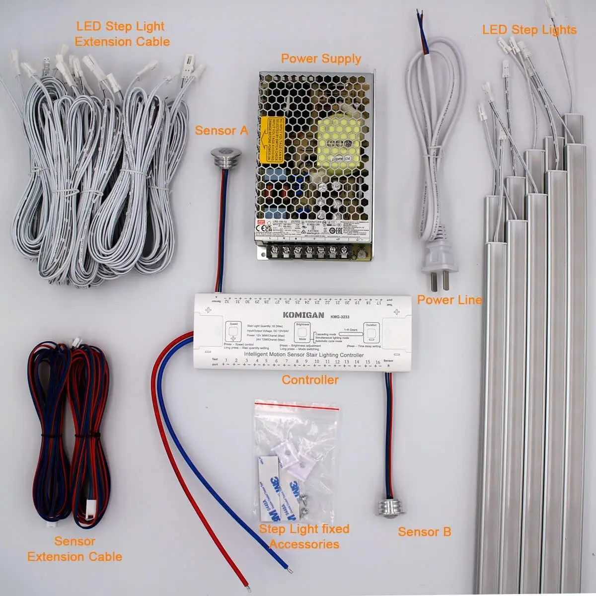 Kit de iluminación LED para escaleras, Sensor de movimiento inteligente, estilo en cascada, KMG-3233, barra de luz LED de aluminio de 23,6 pulgadas (60 cm) de longitud