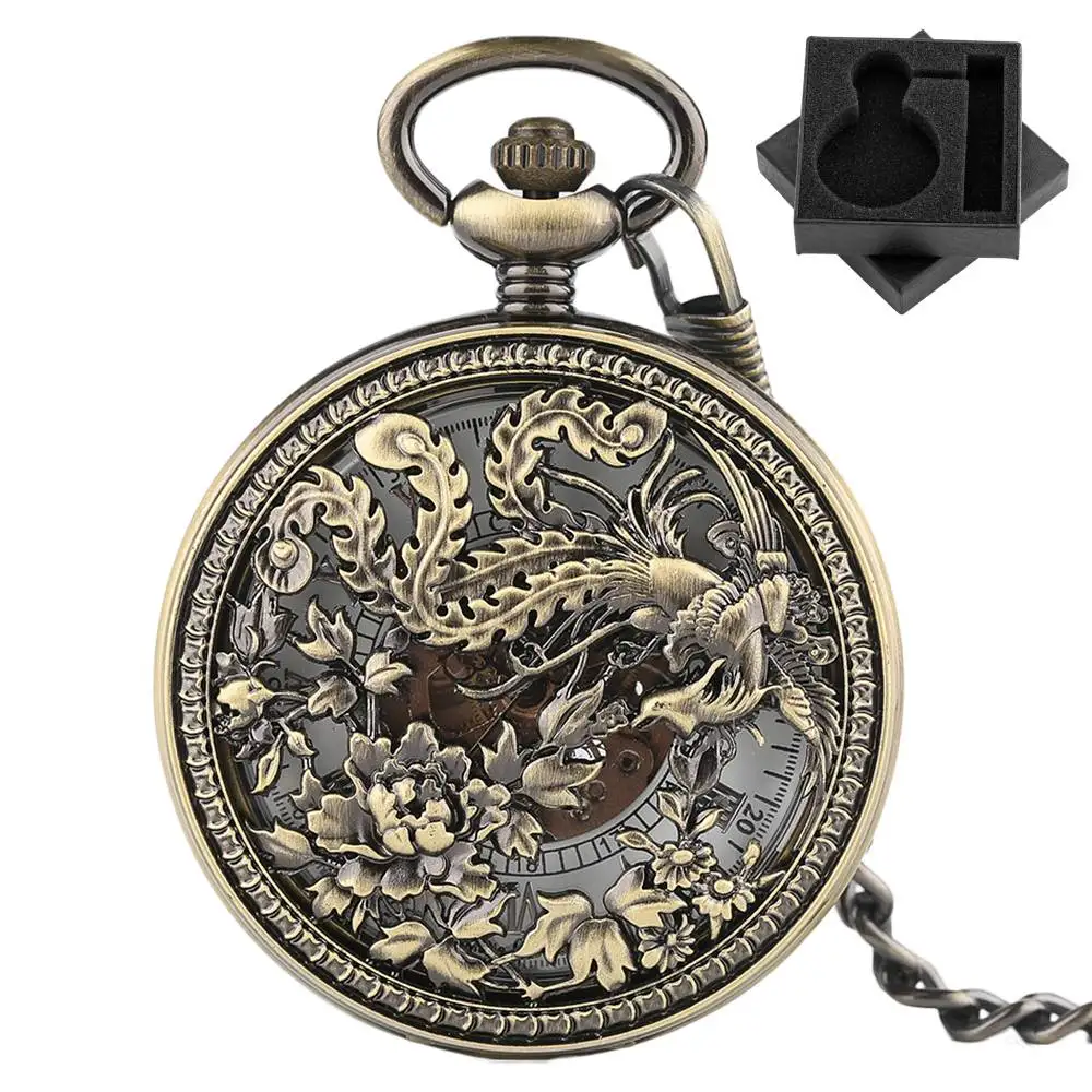 Vintage Bronze Men's Automatic Mechanical Pocket Watch Charm Hollow Flower Phoenix Design Pendant Clock Steampunk Fob Chain Gift
