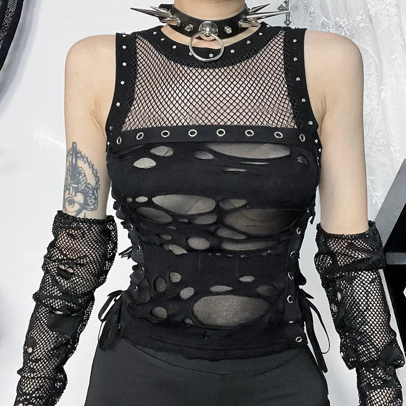 Vintage Gothic Sexy O-neck Mesh Patchwork See Through Crop Tank Tops Cyber Y2k Hole Vest Women Streetwear Harajuku Femme