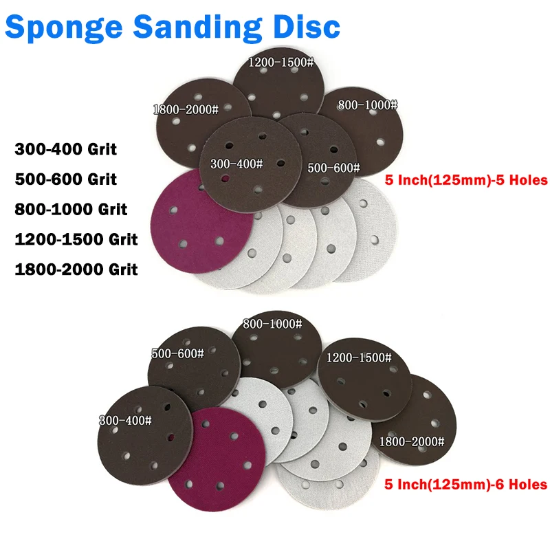 

5 Inch 125mm 5/6 Holes Disk Sand Sheets 300-2000 Grit Hook and Loop Sponge Sanding Disc Abrasive Grinding Polishing Tools