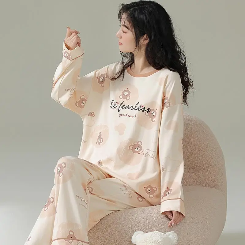 Autumn Ladies Japanese Style Cotton Long-Sleeved Pyjamas Two-Piece Set of Cute Bear Printing Can Be Outside the Homewear Trouser