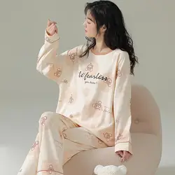 Autumn Ladies Japanese Style Cotton Long-Sleeved Pyjamas Two-Piece Set of Cute Bear Printing Can Be Outside the Homewear Trouser