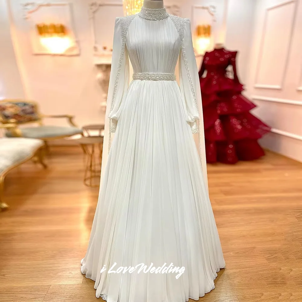 

White High Neck Beaded Wedding Dress Long Sleeve Shawl Modest Muslim Saudi Arabia A-Line Elegant Floor-Length Pleated Customized
