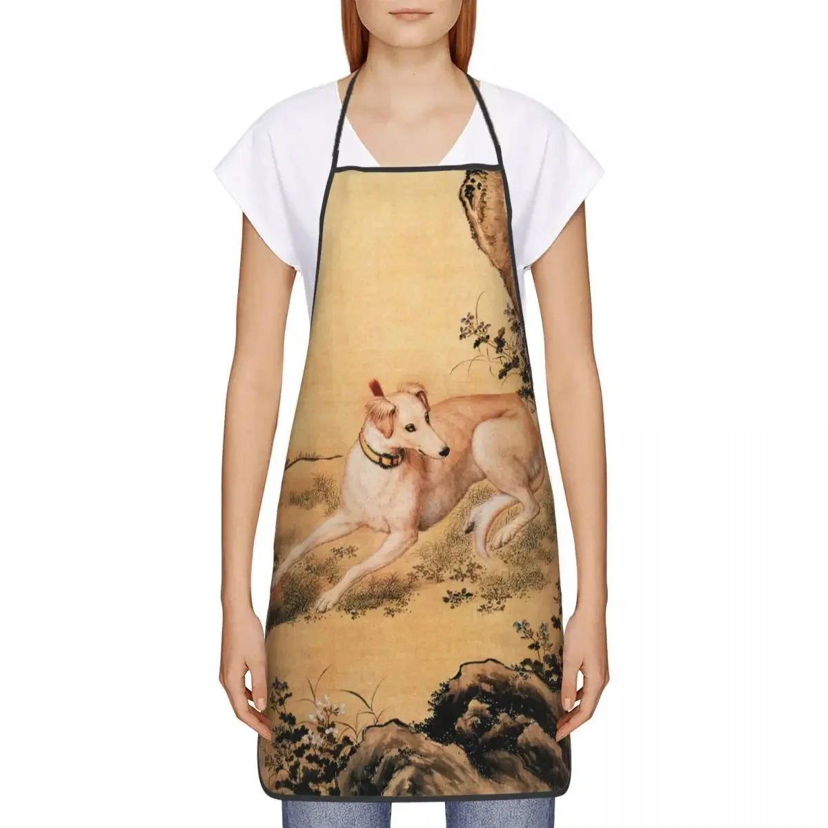 Greyhound Whippet Dog Art Apron Women Men Bib Vintage Chinese Style Painting Kitchen Cooking Tablier Cuisine Chef Gardening