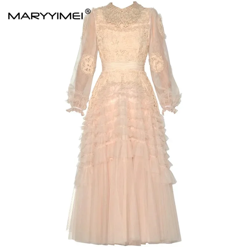 

MARYYIMEI Spring and Summer Women's Ball Gown Dress Lantern Sleeved Mesh Edible Tree Fungus Edge Hollow Out party evening Dress