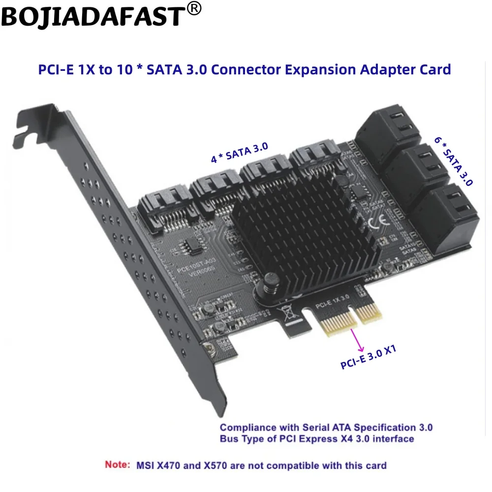 10 SATA 3.0 7Pin Connector to PCIe X1 PCI-E 3.0 1X Adapter Expansion Riser Card 6Gbps for HDD Hard Disk Drive