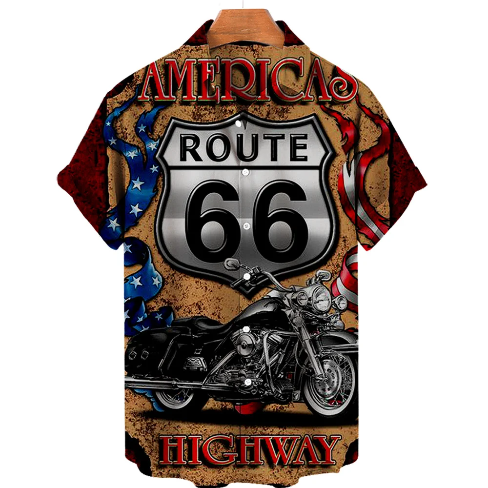 Camisa de manga curta havaiana masculina, Route 66 Street, camiseta clássica impressa em 3D, lapela de música rock, top masculino, roupas vintage, plus size, nova