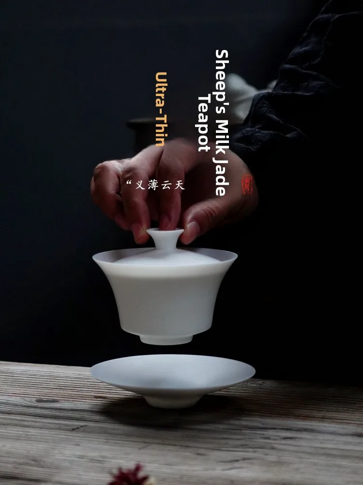 

Dehua White Porcelain Thin-walled "Cicada Feather" Hoof Bowl Yangliyu Porcelain Burnt Matte Gongfu Cover Bowl for H...