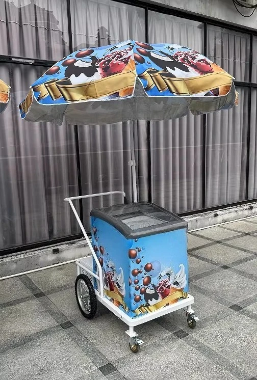 Mobiele ijs- en diepvriesproducten verkoopkar met parasol, 4-wielige straatvoedselvriezerkar te koop