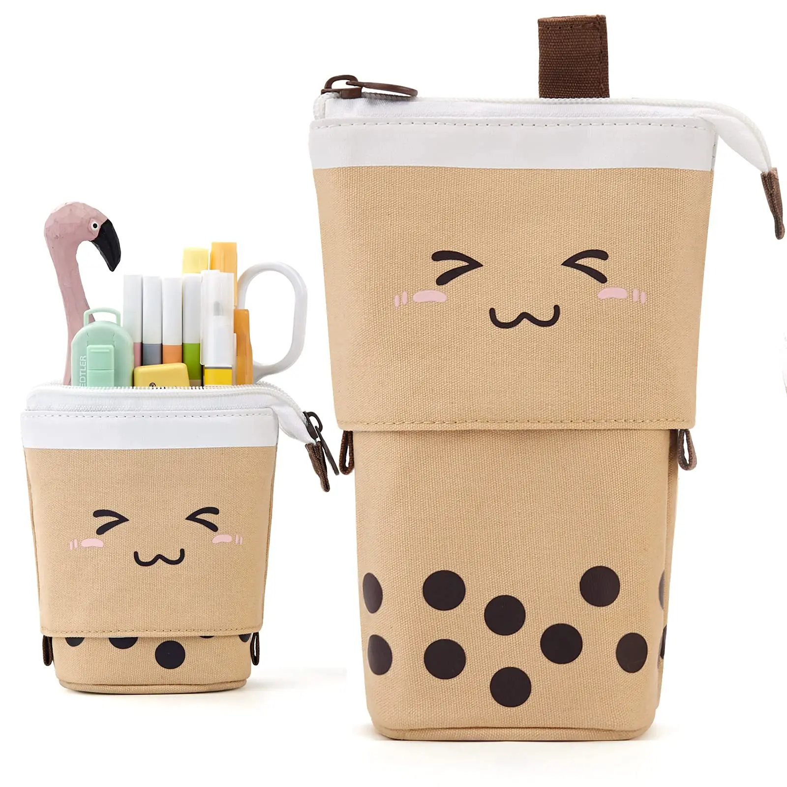 

Standing Milk Tea Pencil Case Cute Telescopic Pen Holder Students Stationery Pouch Pen Box for School Office Supplies Pencil Bag