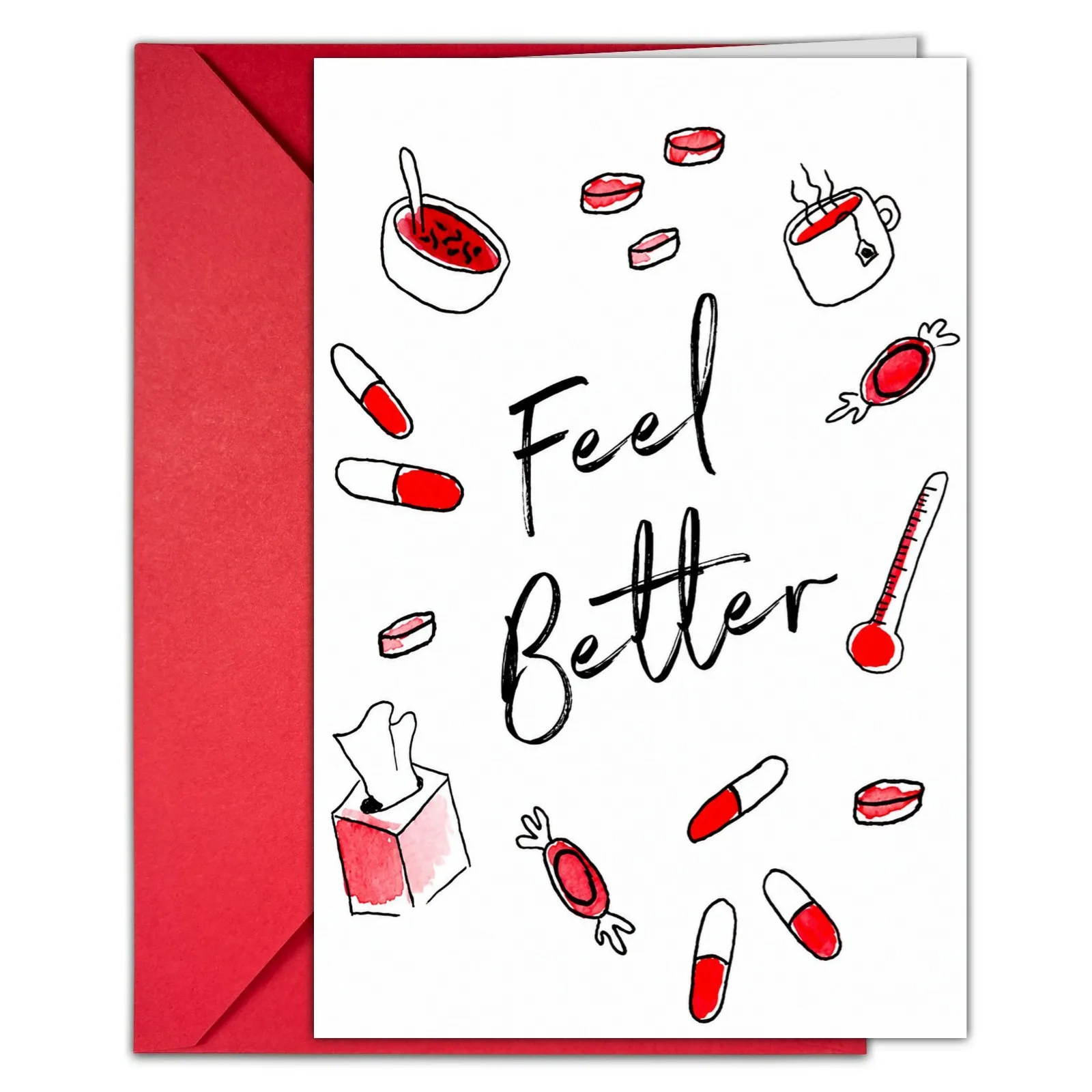 Hand Drawn Feel Better Greeting Card Cute Sickness Essentials Sketch Pills Thermometer Tissue Soup Pattern Warm Cheer Up Get Wel