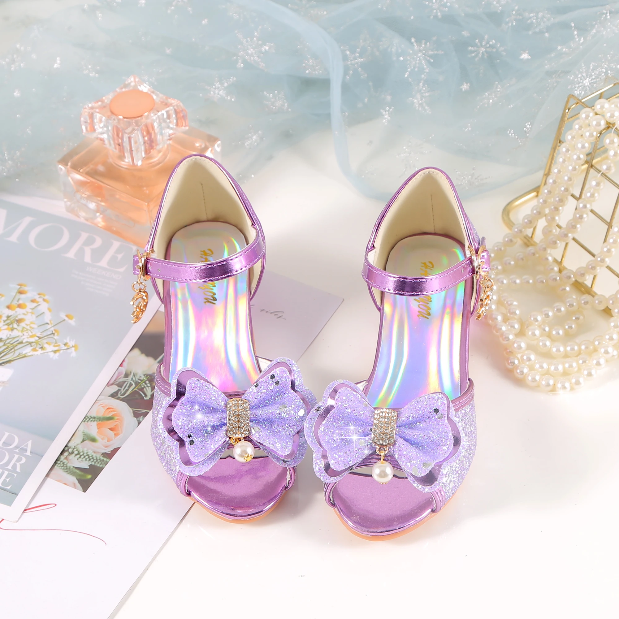 YUNICUS Children Shoes Leather Shoes Princess Shoes round-Toe Soft-Sole Big girls High Heel Princess Crystal Shoes Single Shoes