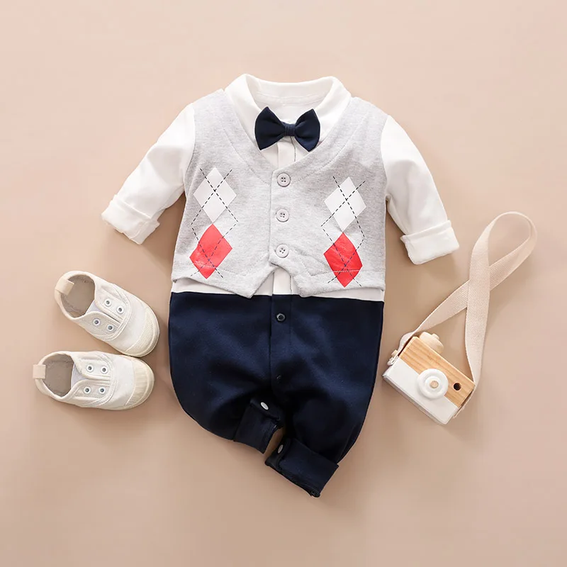 Spring and Autumn New Baby jumpsuit long sleeved fake two-piece plaid gentleman boy baby bow tie gentleman jumpsuit