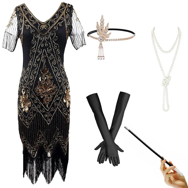 インスパイアされたスパンコール装飾のドクターパフォーマンスコスチューム、920年代レトロ、プラスサイズガウン、ミッドウエスト、深いVネック、オルトスカート、ヴィンテージ風ウェディングドレス