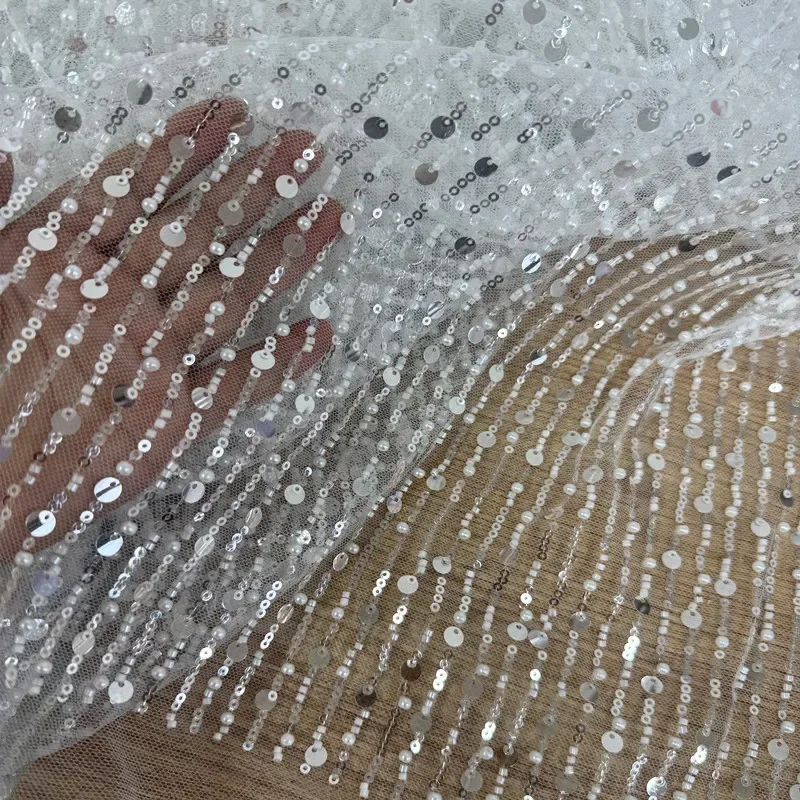 

Простая кружевная вышивка с блестками и жемчугом в вертикальную полоску, прозрачная сетчатая ткань для шитья свадебного платья, ткань для вечернего платья