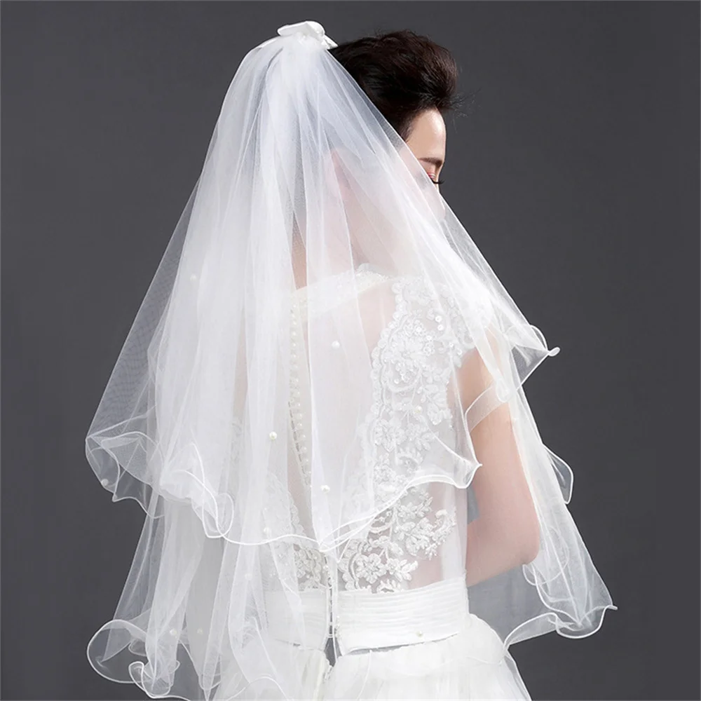 

Tulle Wedding Dress Veils White Ribbon Edge Rhinestones Pearls Short Bridal Hair Veil Comb Bride Fairy Marriage