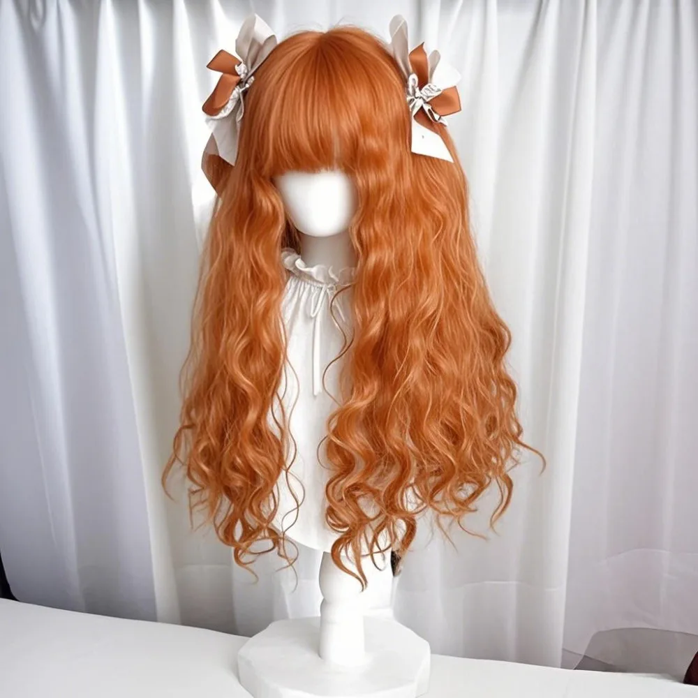 ‌Lolita Curly Wig - Sunset Ember Orange Wool Hair, Elegant Vintage Curls, Pumpkin Night Style Forest Fairy Long Hair for Cosplay