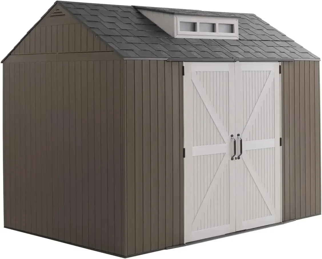 

Extra Large Resin Outdoor Storage Shed With Floor (7 x 10.5 Ft.) Weather Resistant Brown Organization for Home/Lawn Mower