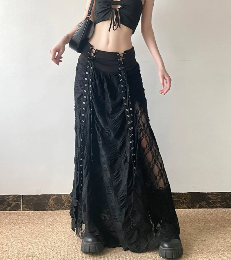 

Slimming High Waist A- Line Skirt American Retro Lace Mesh Splicing Tie Women Spring Autumn New Style Elegant Half Skirt w52