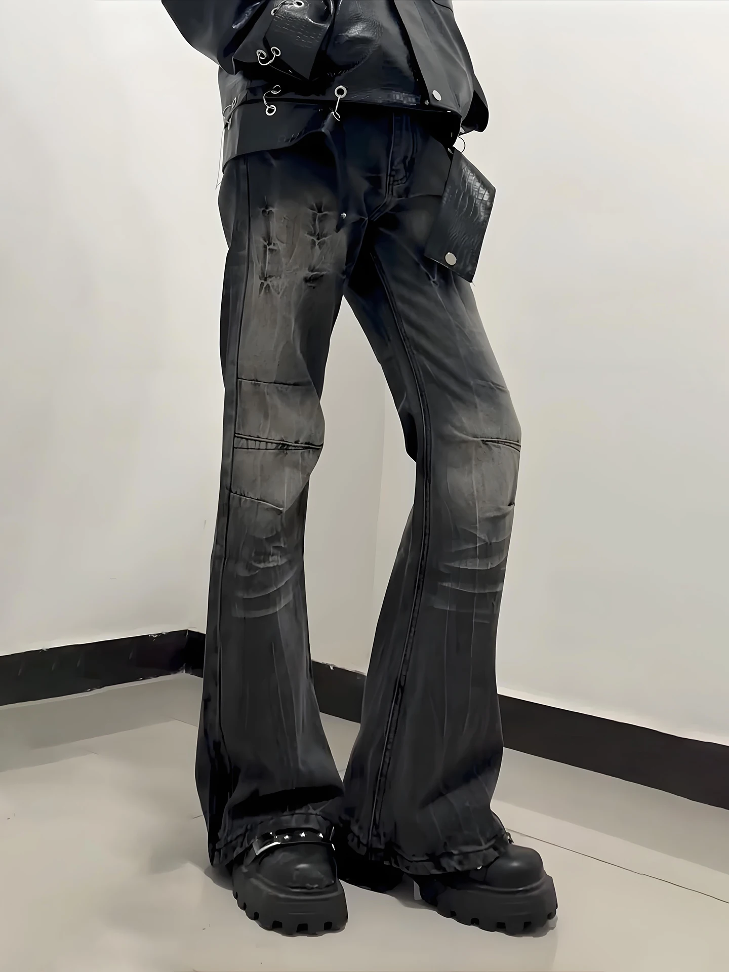 

Slim Straight Leg High Waist Denim Jeans Men's Autumn Winter Lightning Pattern Long Leg Effect Slimming Black Grey Jeans