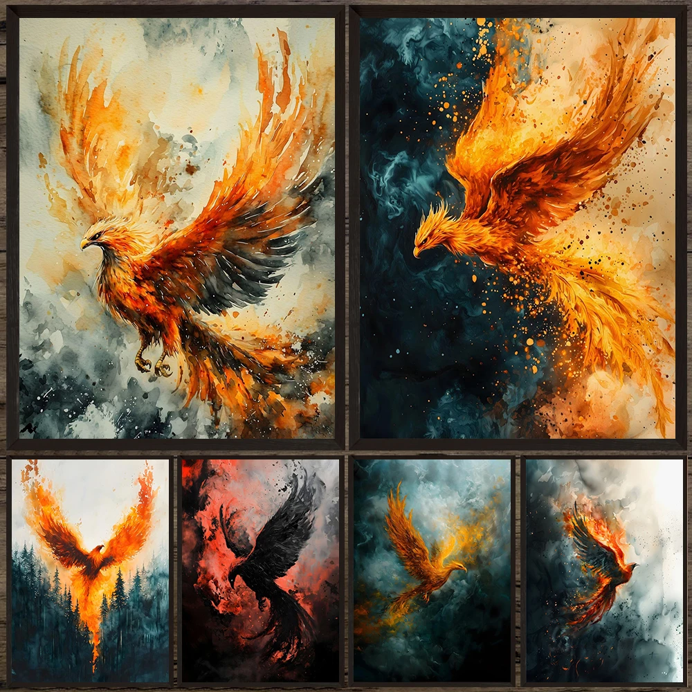 

Fire Phoenix Watercolor Illustration Dark Academia Art Poster And Print,Fantasy Art Phoenix Firebird Wall Art Canvas Painting
