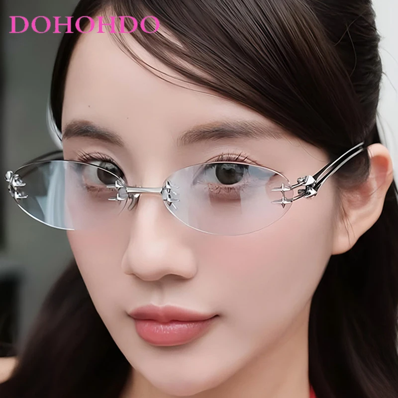 

Fashion Retro Y2K Metal Rimless Oval Star Decoration Sunglasses Women Luxury Men Punk Shades Driving Travel Sunglass UV400 Очки