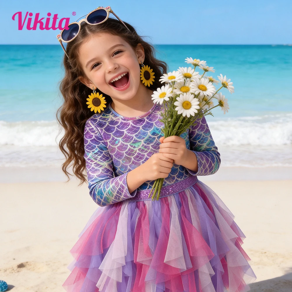 VIKITA Abito da ragazza con stampa a sirena Bambini Autunno Primavera Manica lunga Abiti irregolari Ragazze Tulle Mesh Tutu Abito da principessa per feste