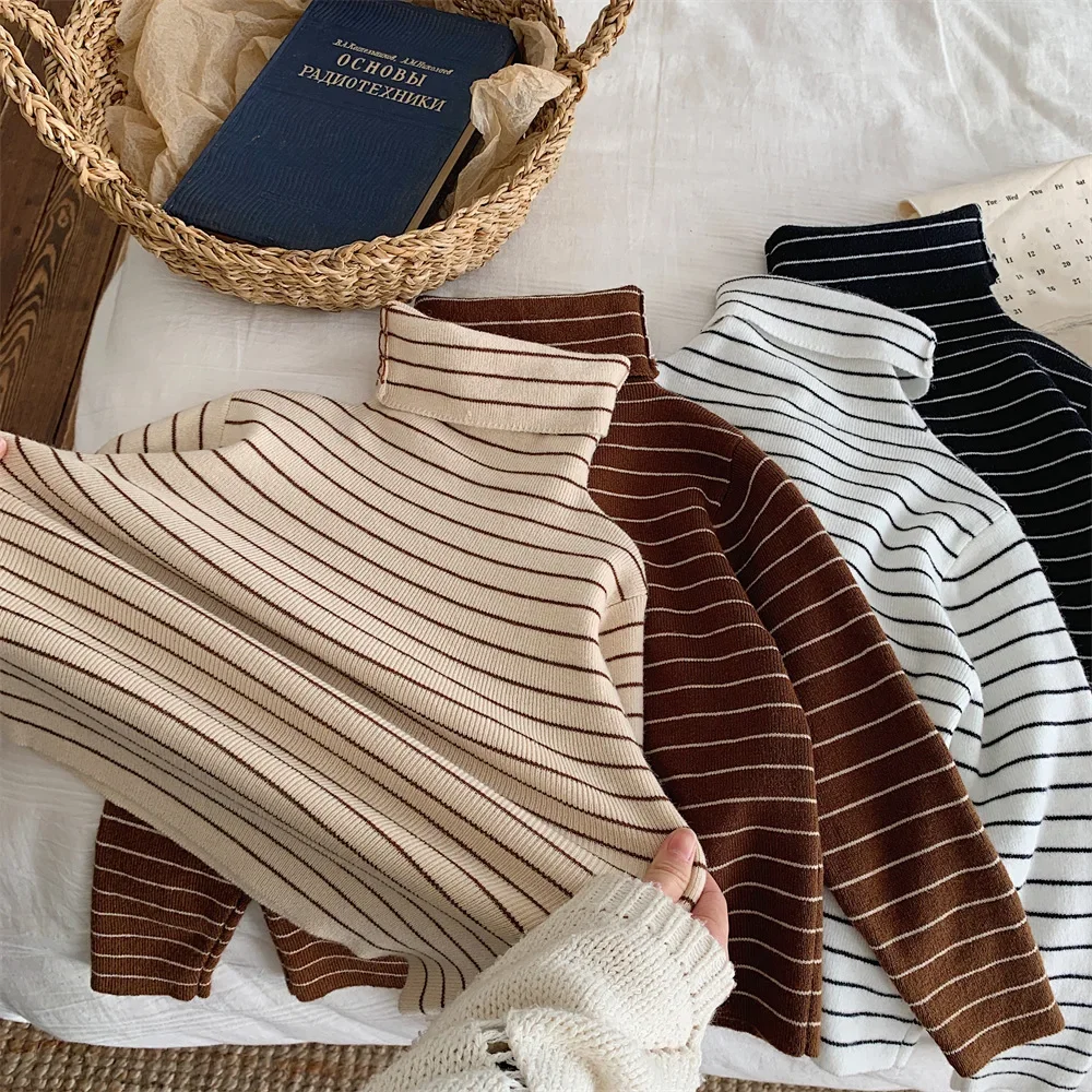 Children Sweater 2023 Autumn Winter Korean Style Striped Turtleneck Sweater High Elastic Casual Simple Kids Sweater Base Shirt