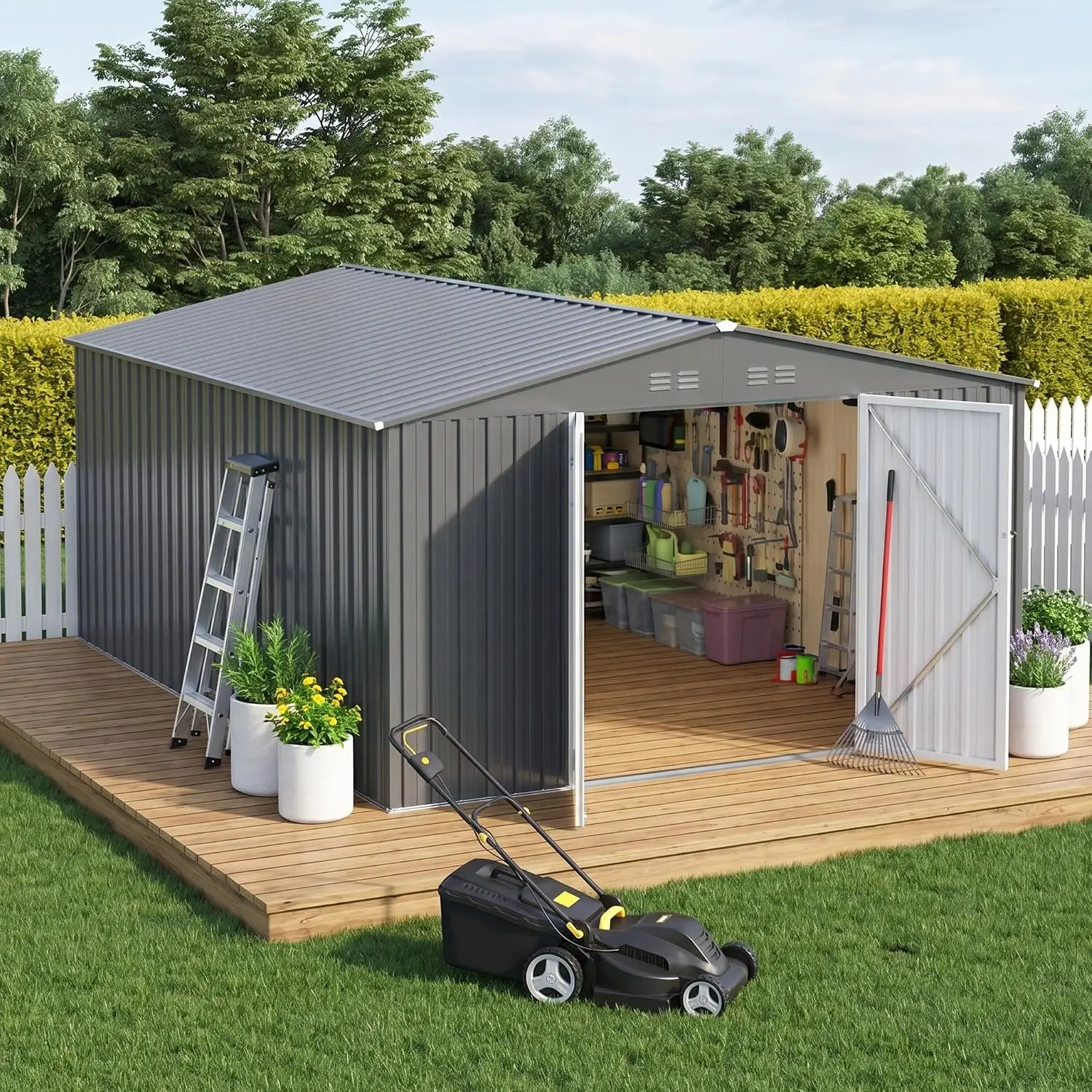 10 x 12 FT Outdoor Storage Shed, Heavy Duty Metal Shed with Lockable Double Door, Sloped Roof & Vents for Garden, Custom