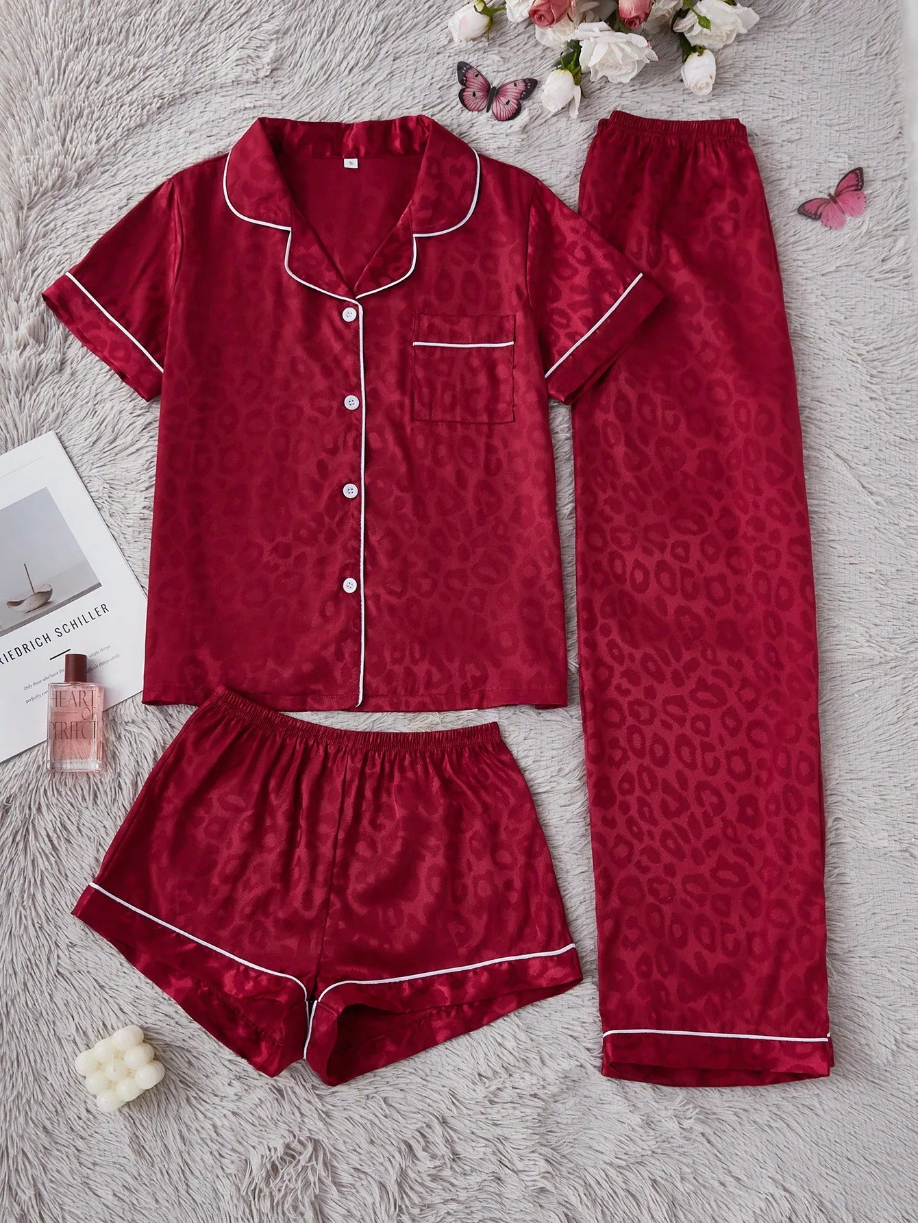 

Women's Leopard Print Faux Silk Pajama Set with Collar, Short Sleeve Top, Long & Short Pants