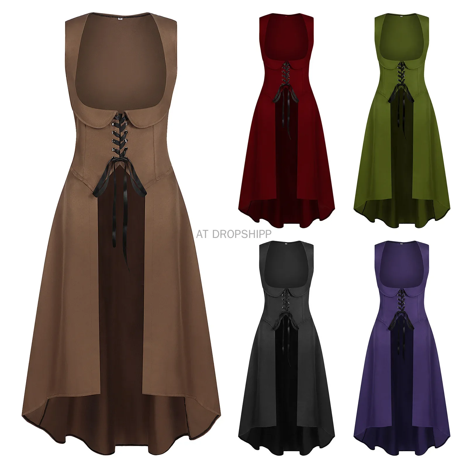 Middeleeuwse Renaissance Hoge Hals Mouwloos Halloween Retro Steampunk Zeemeermin Ontwerp Dames Lange Rok Cosplay