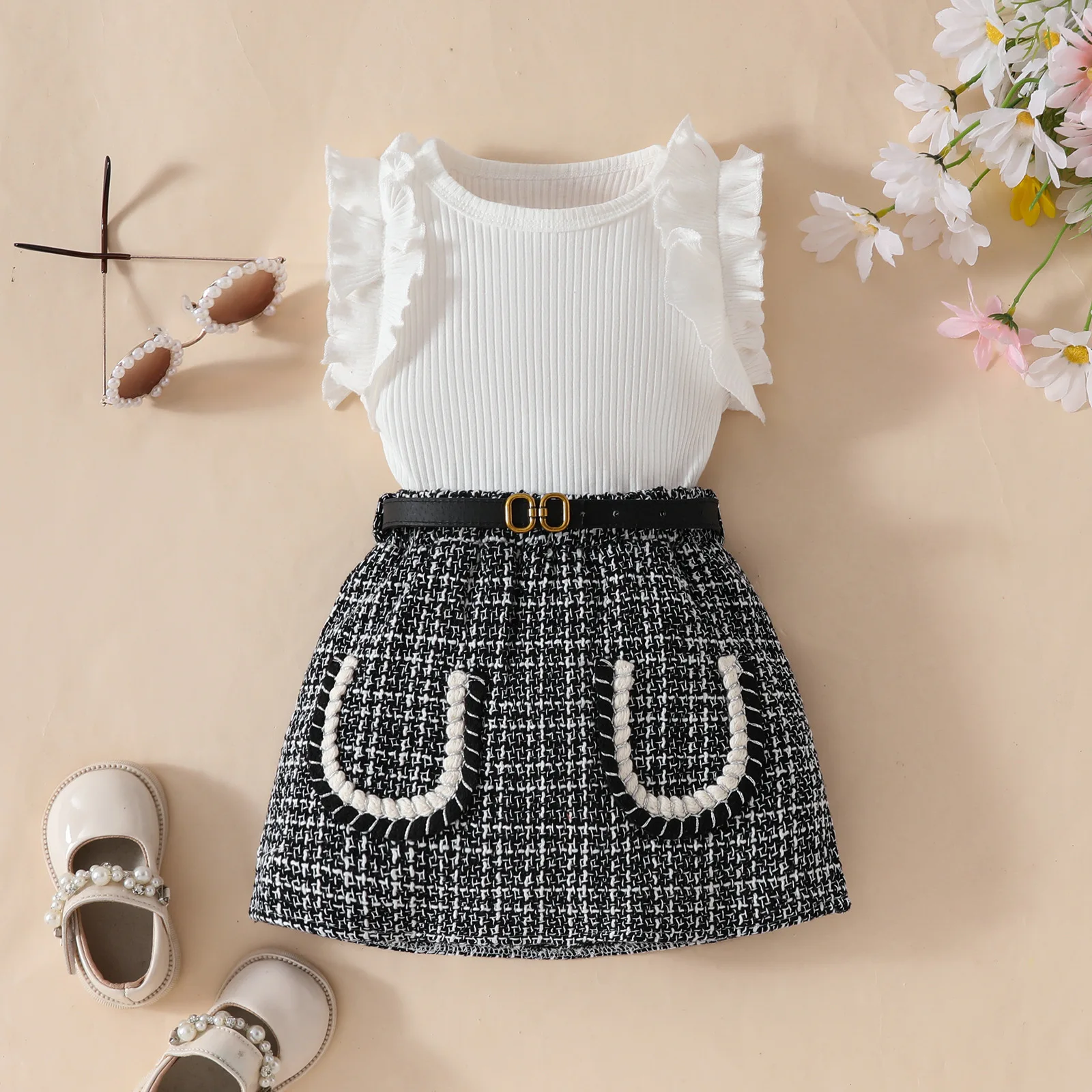 2025 Baby Girls Summer Clothes Set 0-3 Y Ruffled Sleeveless Pit Strip Top+Plaid Skirt 2Pcs Children's Outfit Toddler Camisole