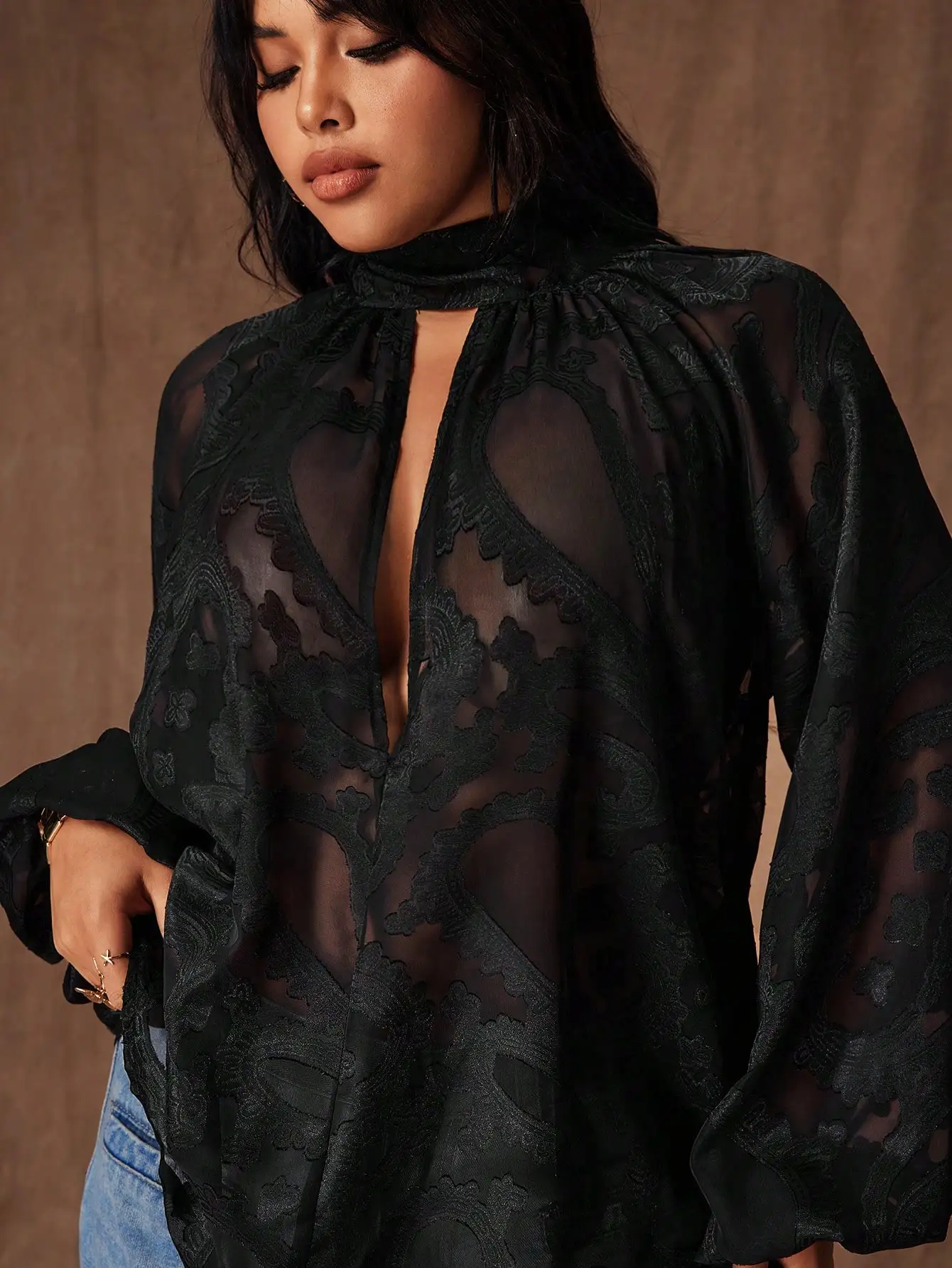 

Plus Size V-Neck Bow Tie Jacquard Semi-Sheer Elegant Vintage Casual Cute Party Blouse