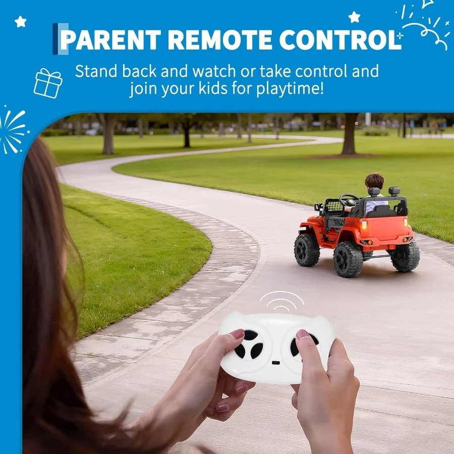 トラックカーに乗って、12Vの子供用電動車両、リモコン付き、スプリングサスペンション、LEDライト、Bluetooth、3段階の速度調整機能付き