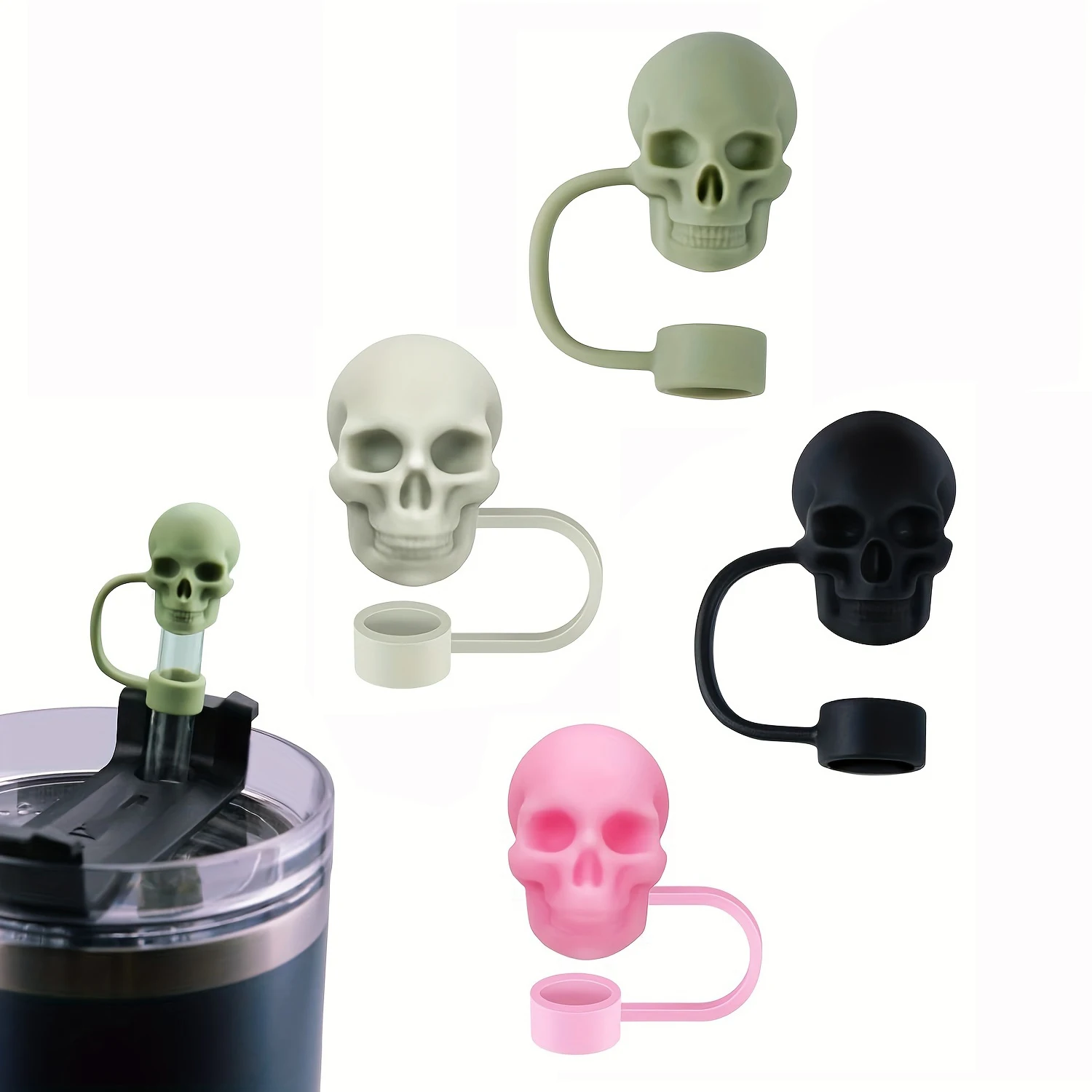 Couvercle de paille de crâne pour tasse, réutilisable, 10mm, en Silicone, Compatible avec gobelet de 30 et 40 Oz avec capuchons de poignée