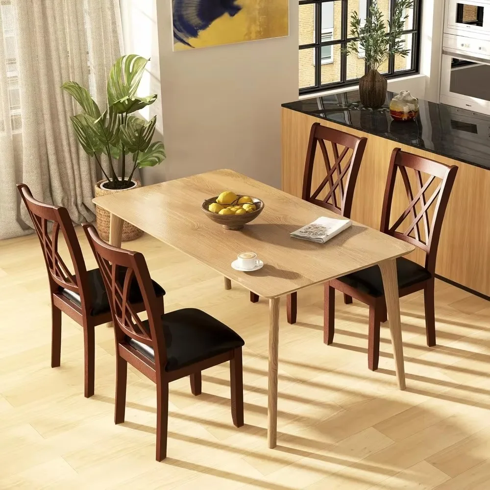 Wood Dining Chairs Set of 4, Faux Leather Upholstered Kitchen Chairs with Rubber Wood Legs, Padded Seat, Max Load 355