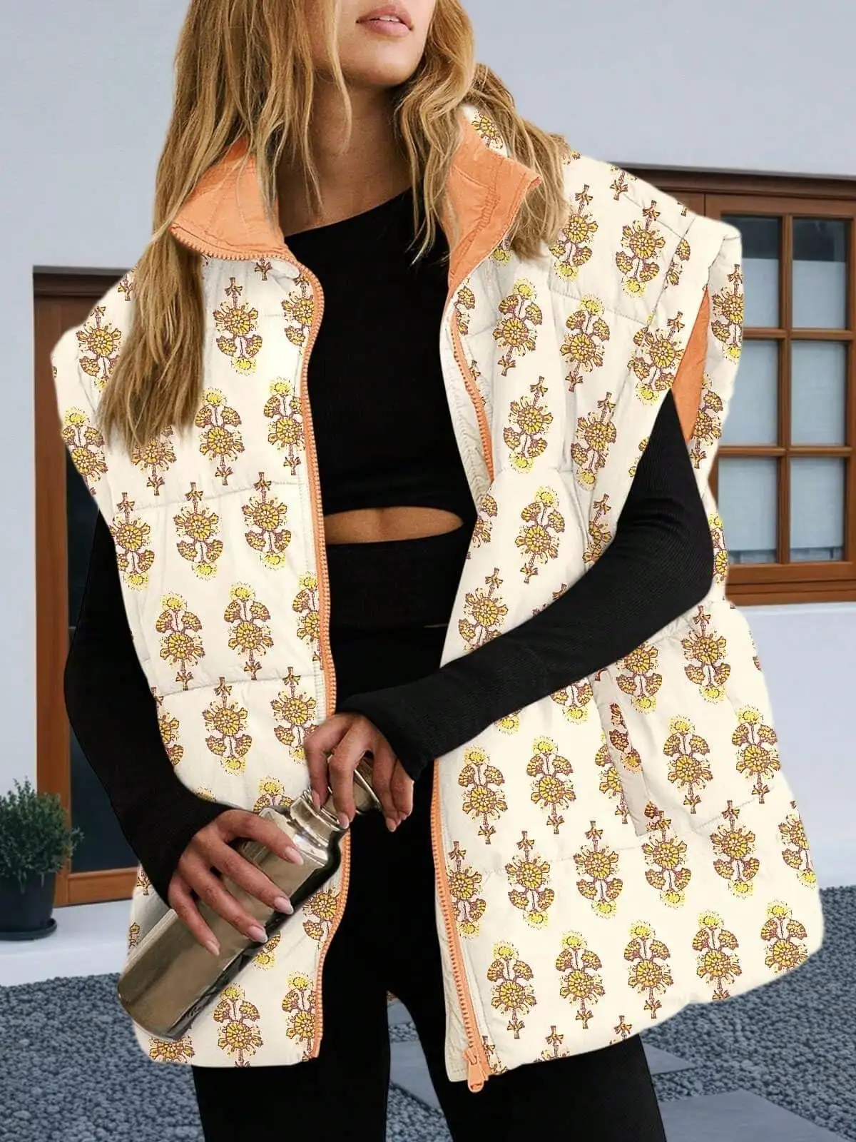 

Women's Floral Print Quilted Puffer Vest with Orange Trim - Winter Warm Sleeveless Jacket