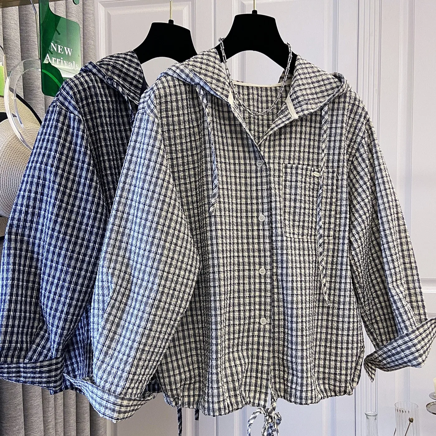 

Ретро-пальто в гонконгском стиле с длинными рукавами и клетчатым узором, женское свободное повседневное пальто с капюшоном, весеннее модное вязаное пальто на пуговицах с завышенной талией