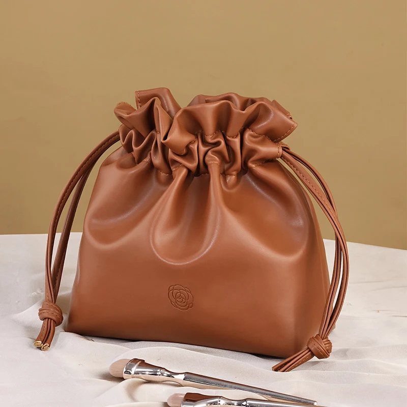 Women's Portable Travel Wash Bag Female PU Leather Waterproof Makeup Storage Pouch Drawstring Cosmetic Organizer Beauty Case