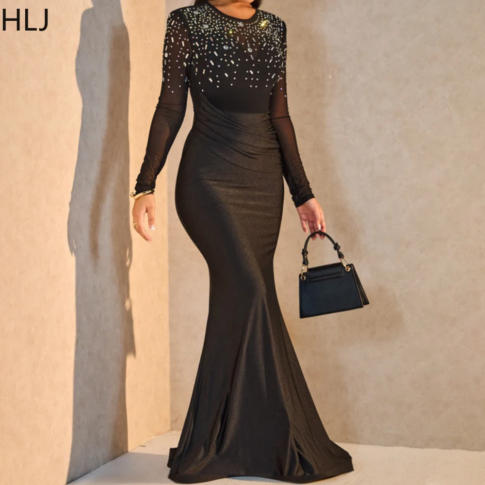 

HLJ Black Fashion Mesh Rhinestone Bodycon Party Club Long Dresses Women O Neck Long Sleeve Slim Vestidos Sexy See Though Clothes